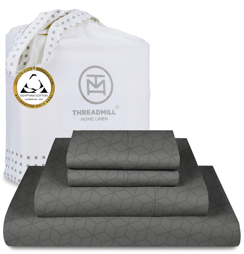Threadmill طقم ملاءات من القطن المصري بالحجم الكامل من Threadmill | ملاءات من القطن المصري المعتمد بنسبة 100% للسرير بالحجم الكامل | طقم ملاءات سرير كاملة بجيب عميق | طقم سرير تبريد من الجاكار الدمشقي الناعم 4 قطع | رمادي غامق - Image 1